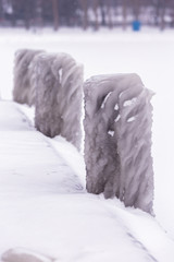 Cold winter day with many ice on the harbor on the lake Balaton