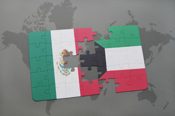 puzzle with the national flag of mexico and kuwait on a world map background.