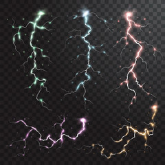 Thunderstorm realistic elements with colored flashes of lightnings sparks on black half transparent background isolated vector illustration
