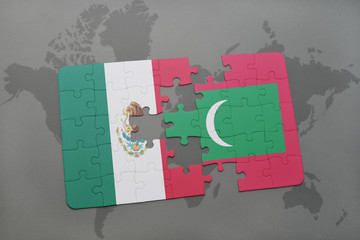 puzzle with the national flag of mexico and maldives on a world map background.