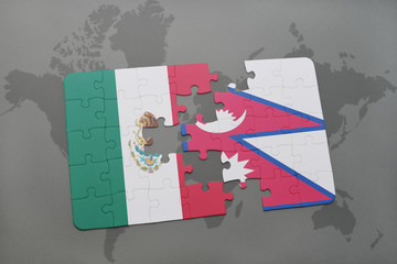 puzzle with the national flag of mexico and nepal on a world map background.