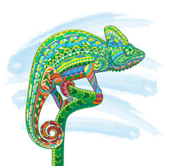 Hand drawn doodle outline chameleon illustration. Decorative in zentangle style. Patterned fiery on the grunge background. It may be used for design a t-shirt, bag, postcard, poster and so .