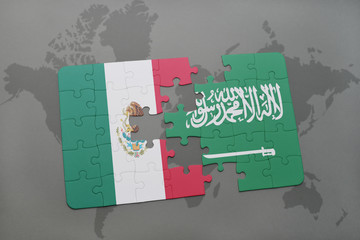 puzzle with the national flag of mexico and saudi arabia on a world map background.