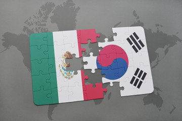 puzzle with the national flag of mexico and south korea on a world map background.