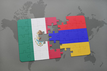 puzzle with the national flag of mexico and armenia on a world map background.