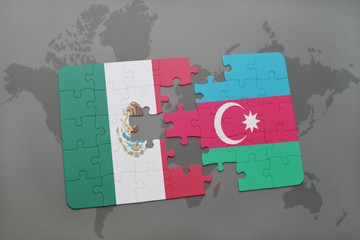 puzzle with the national flag of mexico and azerbaijan on a world map background.