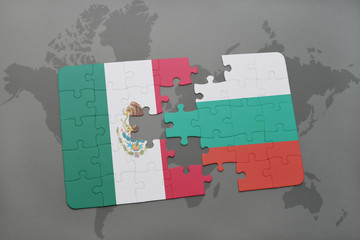 puzzle with the national flag of mexico and bulgaria on a world map background.