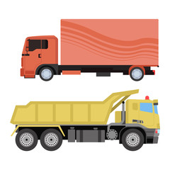 Trucks icons vector shipping cars vehicles cargo transportation by road. Delivery vehicle car shipping trucks and rail car with forklifts. Flat style icons trailer lorry traffic illustration.