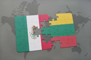 puzzle with the national flag of mexico and lithuania on a world map background.