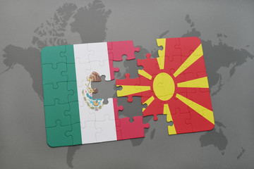 puzzle with the national flag of mexico and macedonia on a world map background.