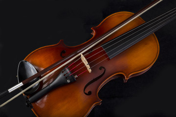 Obraz na płótnie Canvas Close up High Angle View Of Violin And Bow 