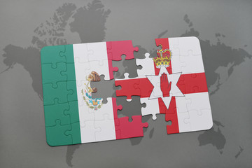 puzzle with the national flag of mexico and northern ireland on a world map background.