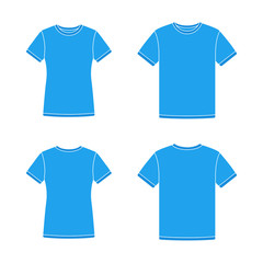 Mens and womens blue short sleeve t-shirts templates. Front and back views. Vector flat illustrations