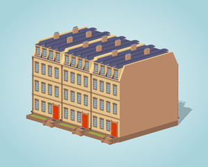 Brownstone town house against the blue background. 3D lowpoly isometric vector illustration