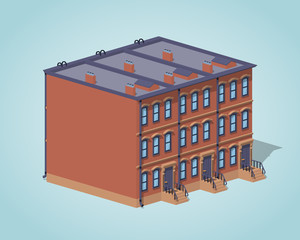 Brownstone town house against the blue background. 3D lowpoly isometric vector illustration