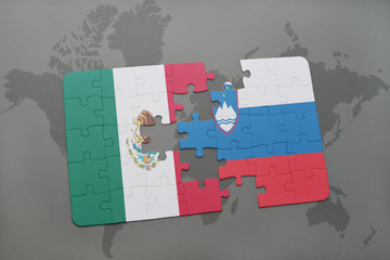 puzzle with the national flag of mexico and slovenia on a world map background.