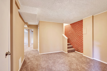 Basement hallway interior with carpet floor and brick wall.