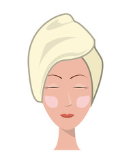 flat design face of woman with towel and cosmetic mask icon vector illustration