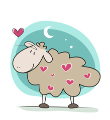Little cute baby sheep and a pink heart