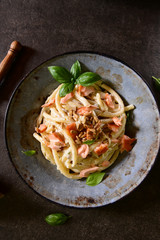 Pasta with smoked salmon, gorgonzol and roasted sunflower seeds
