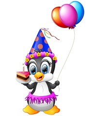 Happy penguin cartoon holding birthday cake and balloon
