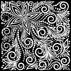 beautiful monochrome black and white Decorative graphic curly background with flowers and leaves pattern.