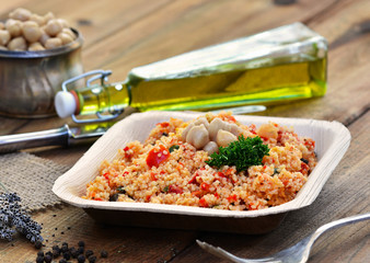 Oriental Salad - Couscous, Bulgur, Taboulé in Plate on Wood / Food Styling 