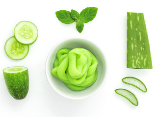 Natural ingredient for skincare and scrub with cucumber, avocado and mint isolated on white background