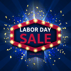 Retro banner for labor day sale. Label with glowing lamps. Vector illustration with shining lights in vintage style. Background of blue dust explosion for seasonal sale.
