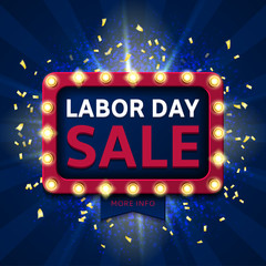 Retro backdrop for labor day sale. Banner with glowing lamps. Vector illustration with shining lights in vintage style. Background of blue dust explosion for seasonal sale.