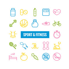 Set of sport and fitness outline icons. Linear icons for web, mobile apps