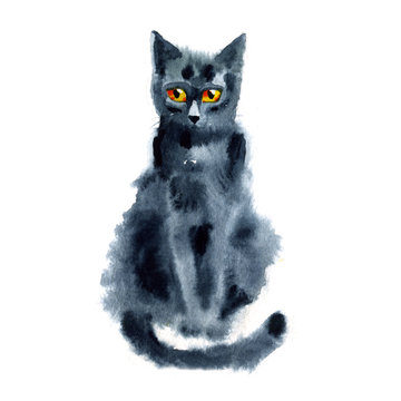 Black Blue Cat. Watercolor Painting. Hand-drawing Illustration.