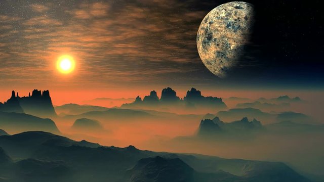 Bright Sunrise Over The Misty Planet Aliens. Mountains and hills are covered with thick orange fog. Due to the horizon rises bright white sun in a yellow halo. The huge planet on a dark starry sky.