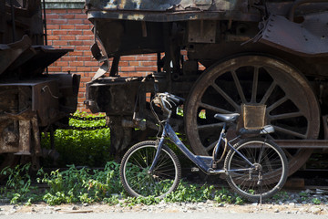 Fototapeta na wymiar Steam locomotive wheel in retro style