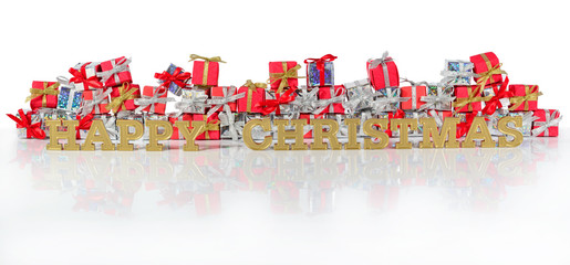 Happy christmas golden text and silver and red gifts