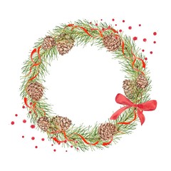 Christmas wreath with pine cones, pine branches and red ribbons, bow and a spray. Watercolor painting. Hand drawing. Decorative element for greeting new year and Christmas card, Invitation card.
