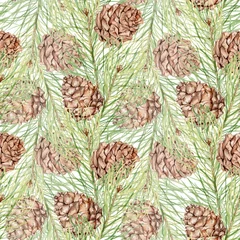 Fotobehang Seamless pattern-2 with pine cones and pine branches. Watercolor painting. Handmade drawing. For the Christmas design and decoration © shilovka