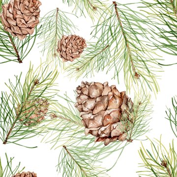 Seamless pattern with pine cones and pine branches. Watercolor painting. Handmade drawing. For the Christmas design and decoration