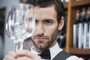 Bartender Examining Wineglass At Winery