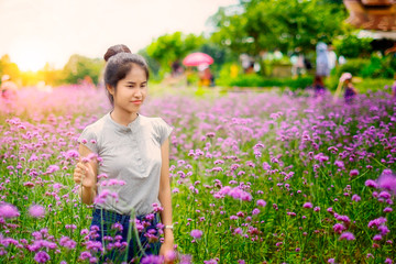 Close up beautiful asian girl in a field with magenta flowers at Monjam, Chiang mai, Thailand.