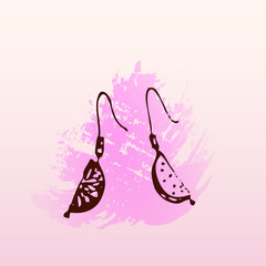 Hand drawn doodle jewelry, bijou, earrings, watermelon. Brown object, pink watercolor background. Design illusrtration, template for poster, flyer.