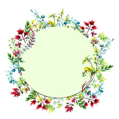 Watercolor, vintage item, card, logo with floral patterns in a circle. Plants, flowers, grass, autumn, blue, red, yellow and green colors. For various design