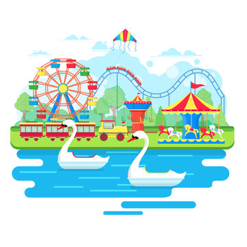 Amusement park concept with ferris wheel,  carousels and pedal boats. Vector illustration in flat style