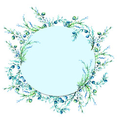 
Watercolor, vintage frame, greeting, an invitation from a vegetative pattern, plant juniper with berries, pine needles, green, blue color.
