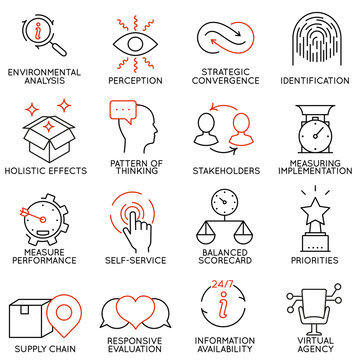 Set linear icons of business management, strategy, career progress and business people organization. Linear infographic vector logo pictograms - part 5