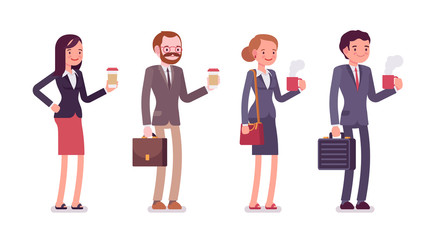 Fototapeta na wymiar Office workers with coffee. Men and women in a formal wear. The set of characters isolated against the white background. Cartoon vector flat-style business concept illustration