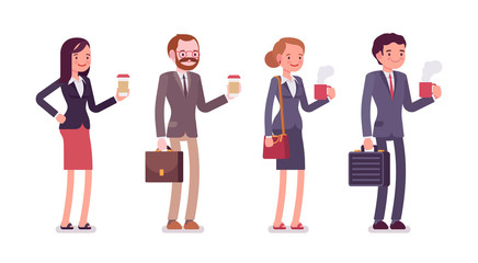 Obraz premium Office workers with coffee. Men and women in a formal wear. The set of characters isolated against the white background. Cartoon vector flat-style business concept illustration