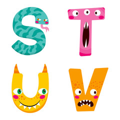 Funny Halloween alphabet with cute s t u v monster characters