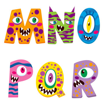 Halloween alphabet with funny m n o p q r monster characters