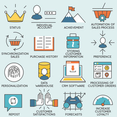 Vector set of icons related to customer relationship management. Flat line pictograms and infographics design elements - part 1